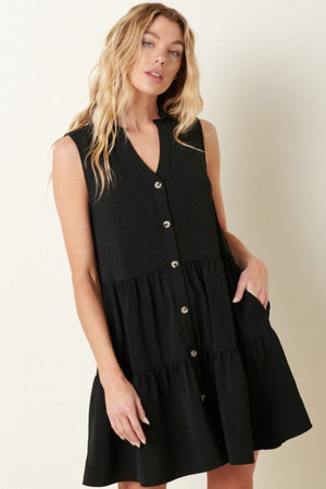 Button Front Mini Dress - Black