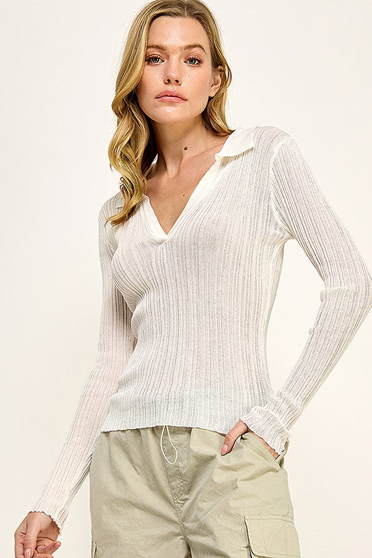 Ribbed Knit Polo Sweater - Uforia Muse 